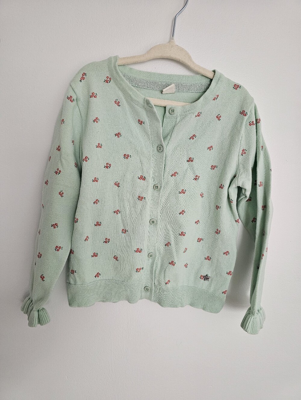 🧸2/20$ Vintage Mint Green 4T Floral Button Cardigan Ruffle Sleeves Girl